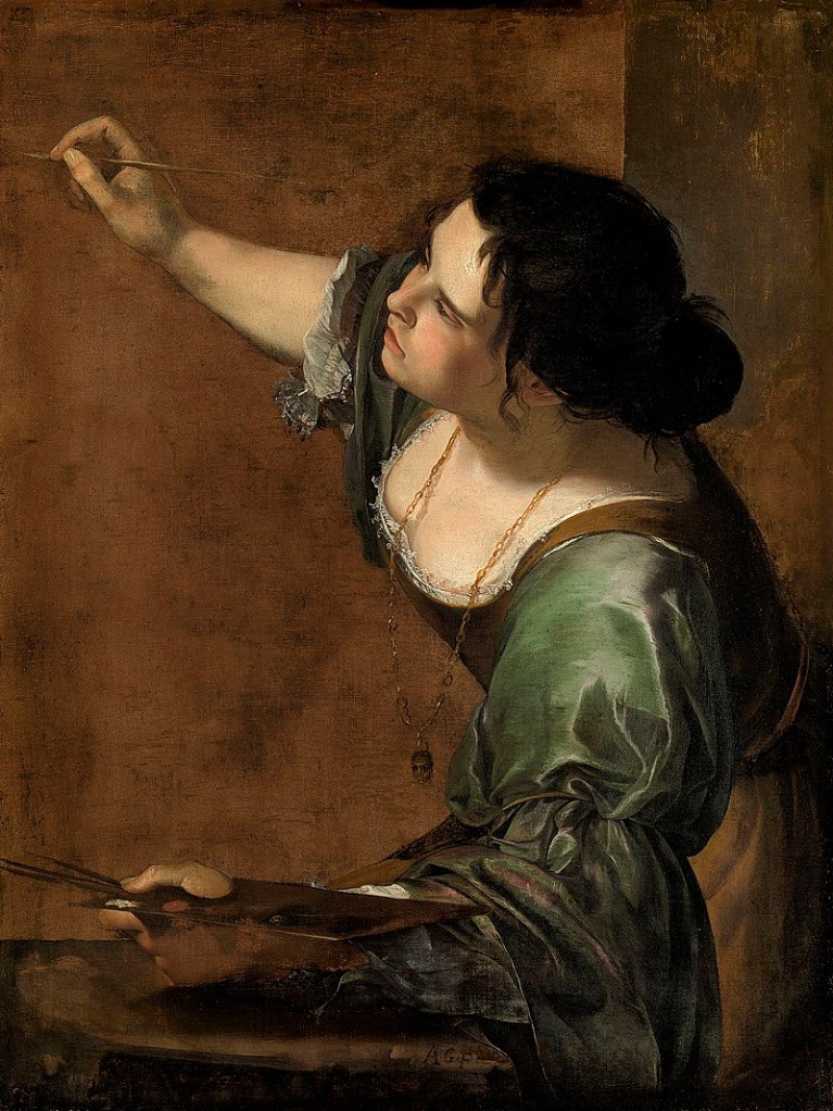 Painting, depicting a white woman in a green dress, holding a palate in her left hand. Her right hand is raised, and is holding a paintbrush.